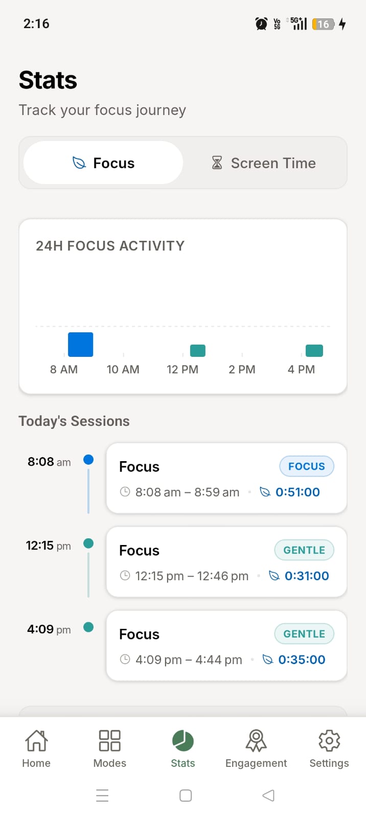 ScreenBreathe focus history screen showing recent session activity