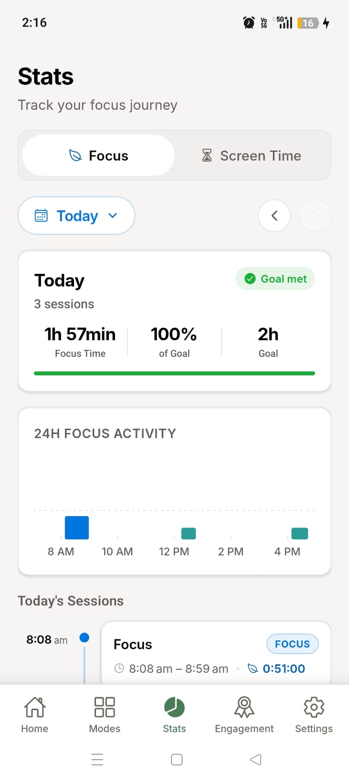 ScreenBreathe focus stats screen with 24-hour session and attention insights