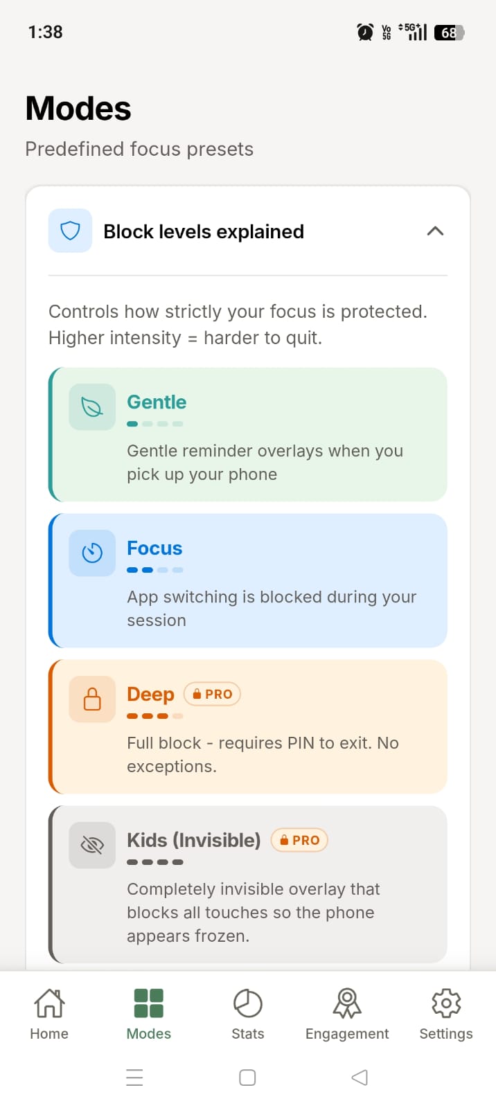 ScreenBreathe strictness level settings for different focus intensity