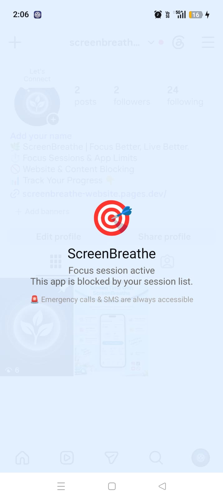 ScreenBreathe overlay warning when an app reaches its daily usage limit