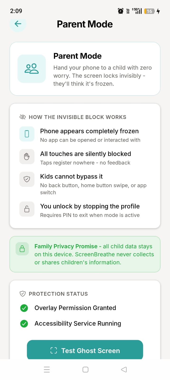 ScreenBreathe parental control mode for supervising restricted device use