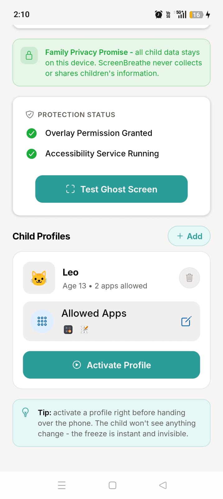 ScreenBreathe kids profile setup screen for parent-managed digital limits