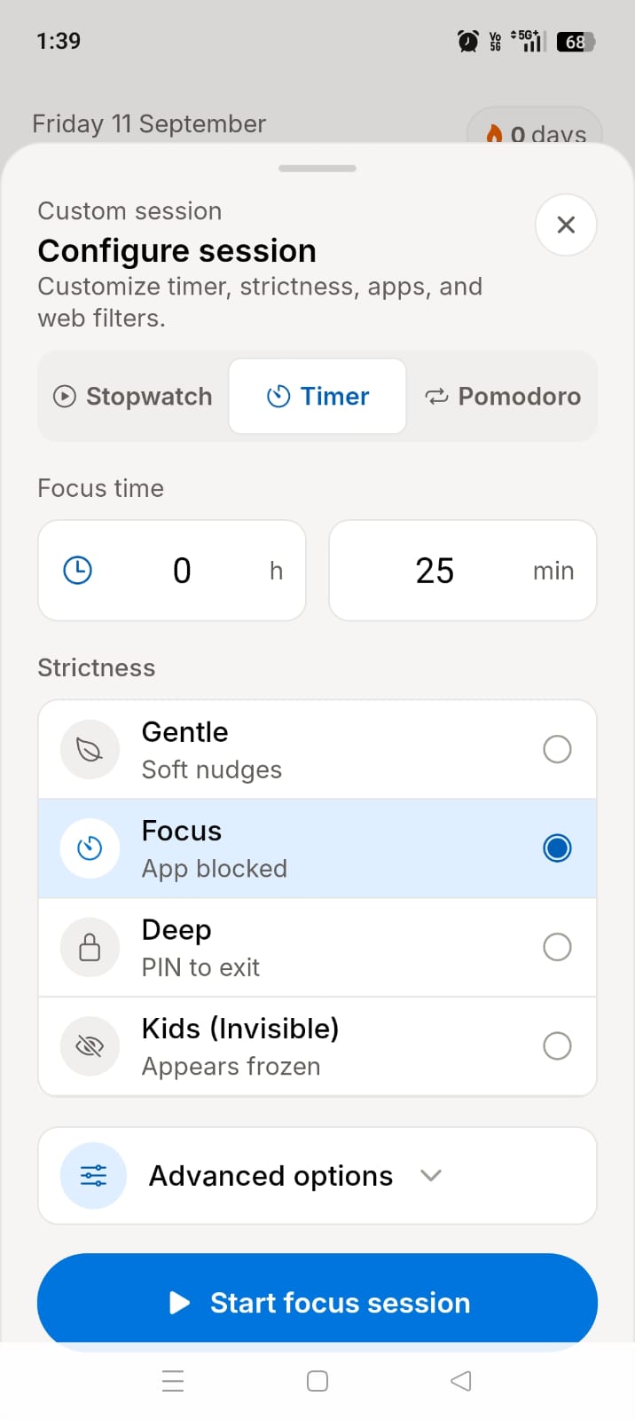 ScreenBreathe session configuration options for custom focus rules