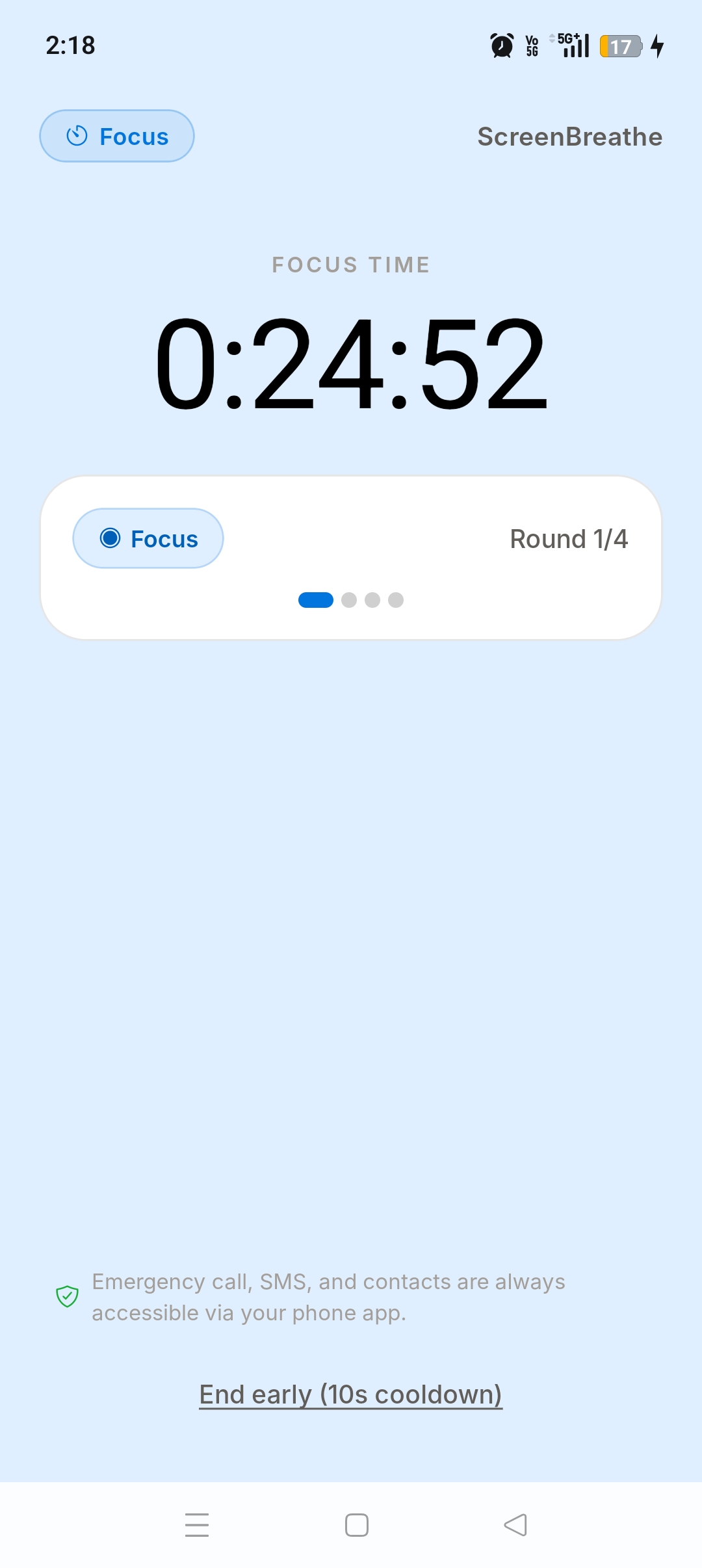 ScreenBreathe Pomodoro timer screen used for timed productivity sessions