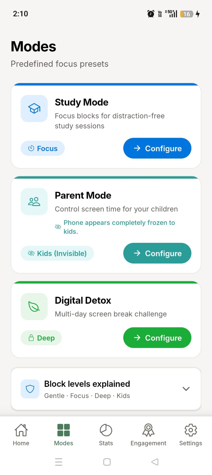 ScreenBreathe mode selector with Study, Parent, and Detox focus modes