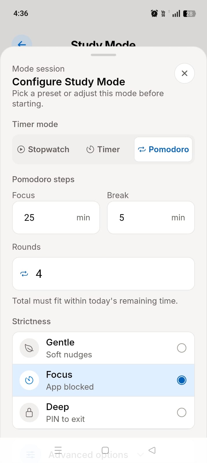 ScreenBreathe study mode setup screen with session timing and focus settings
