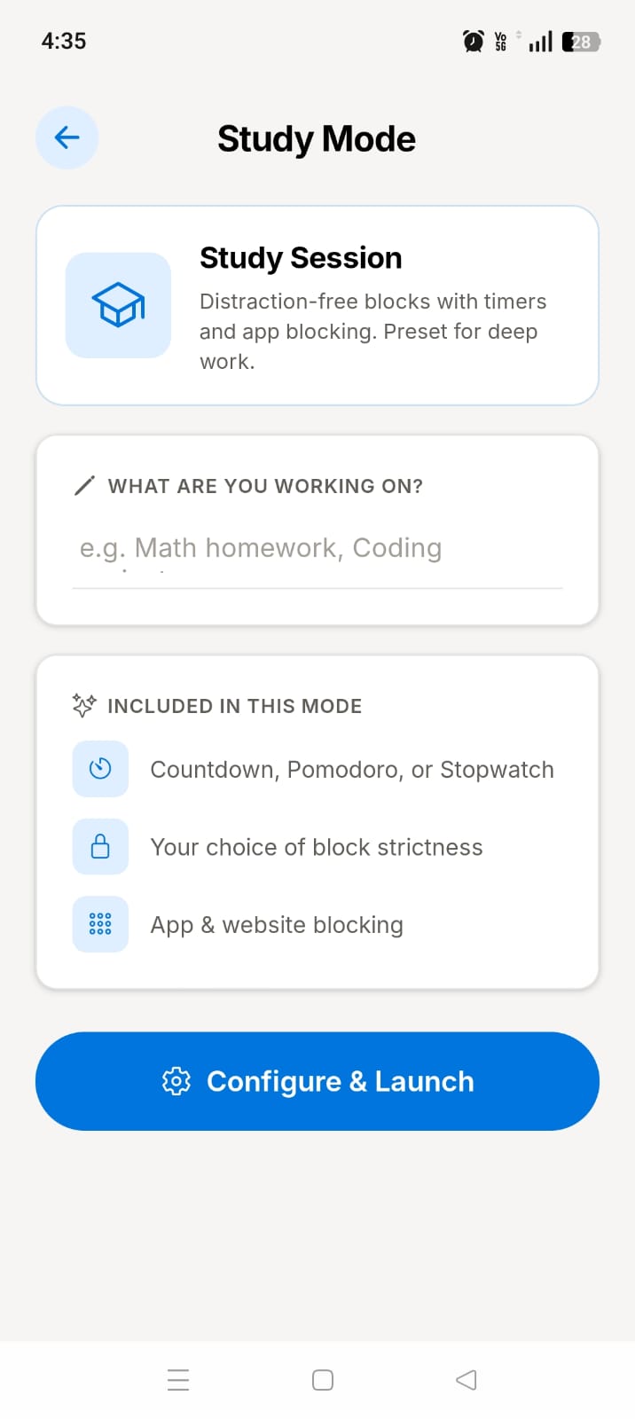 ScreenBreathe study mode session timer for a distraction-free focus session on Android